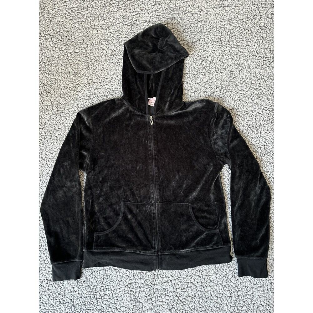 Victoria’s Secret Sz M Black Hooded Full Zip Velour Jacket Logo Zipper V